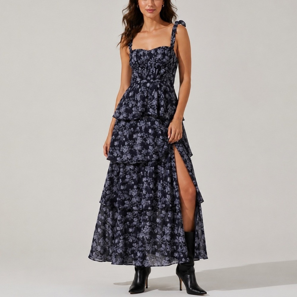 ASTR the Label Mellorie Maxi Dress M Navy Grey Floral Tie Shoulder Cottagecore